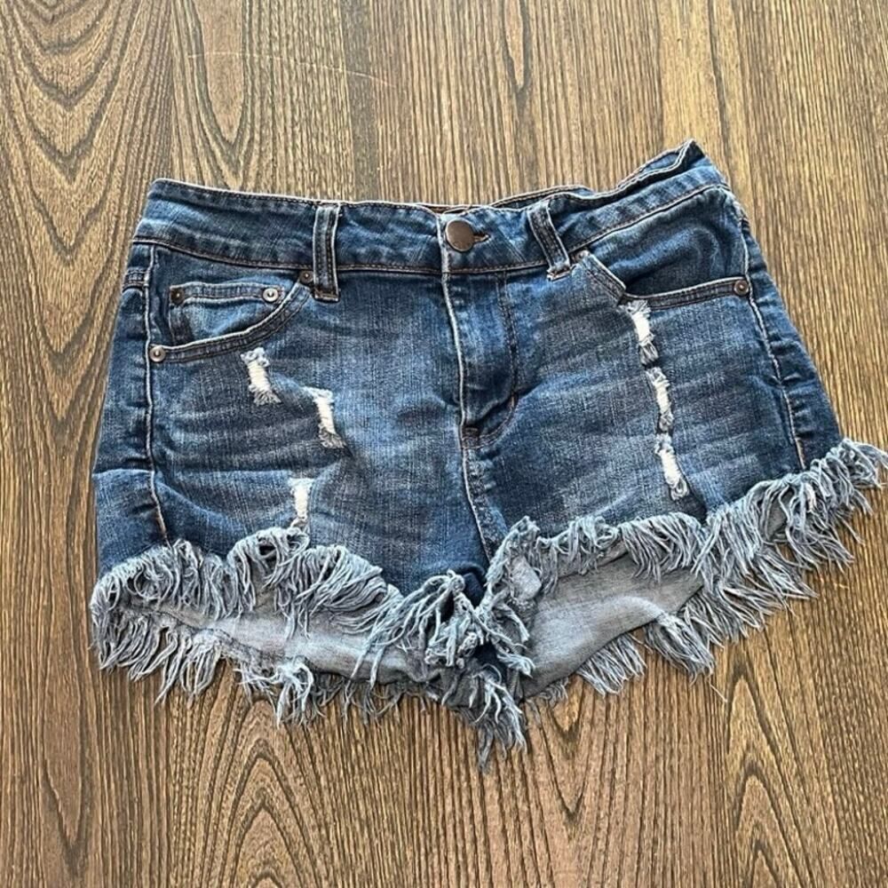 Elan Jean Shorts Mid-Rise Distressed Fringe Hem Denim Medium Wash Blue Size M